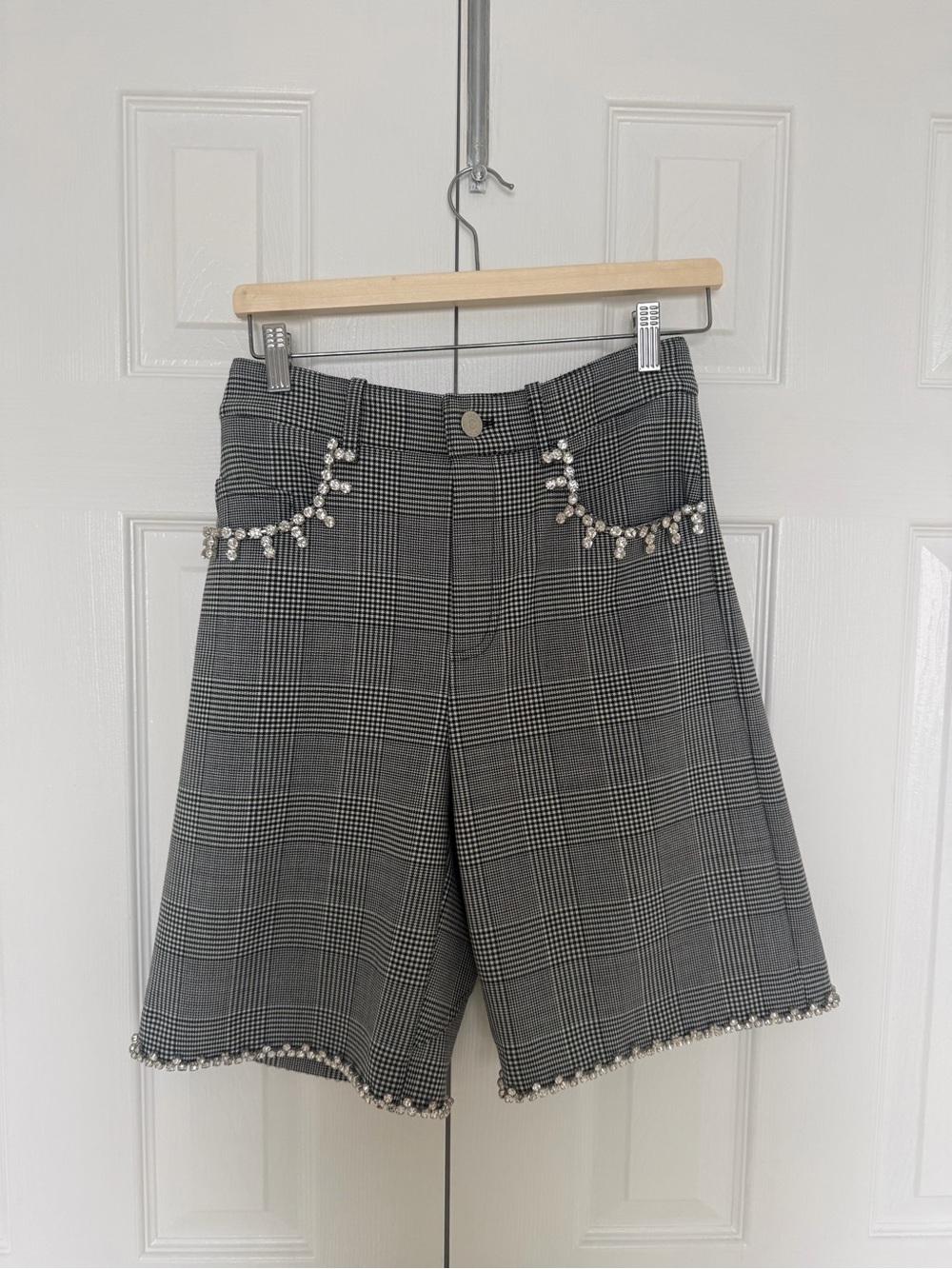AREA Black and Gray Plaid Bermuda Shorts with Crystal Trim